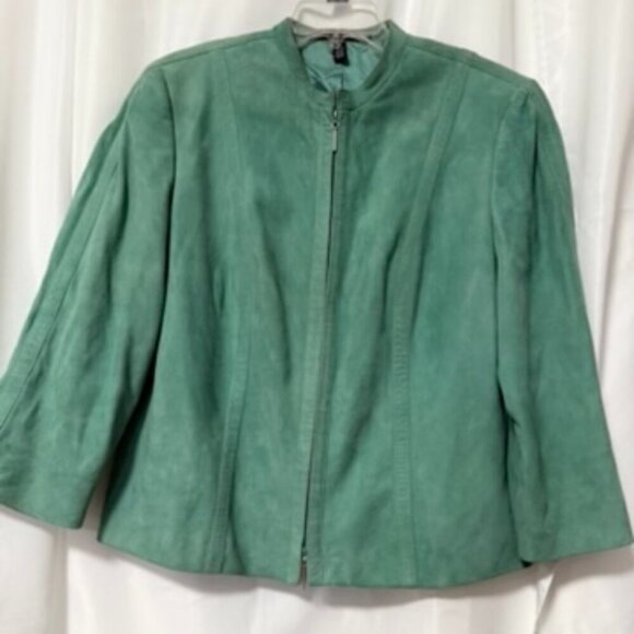 Linda Allard Ellen Tracy Green Suede Leather Jacket SZ 14 Chick Utilitarian - Picture 6 of 6